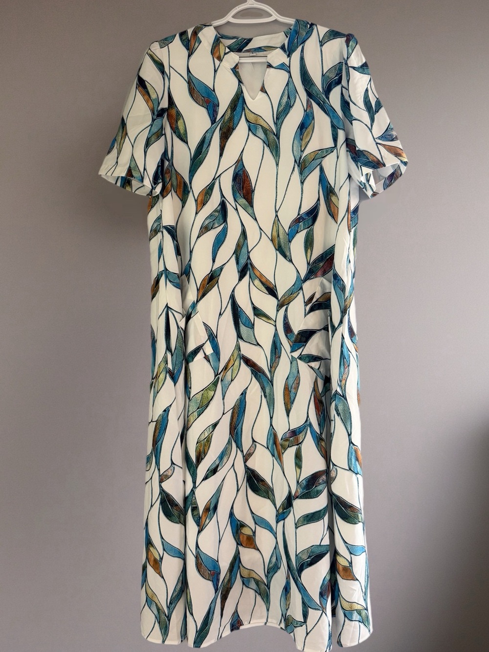 Stained Glass Leaf Print Maxi Dress L Pockets Coastal Boho Vacation - Picture 2 of 5